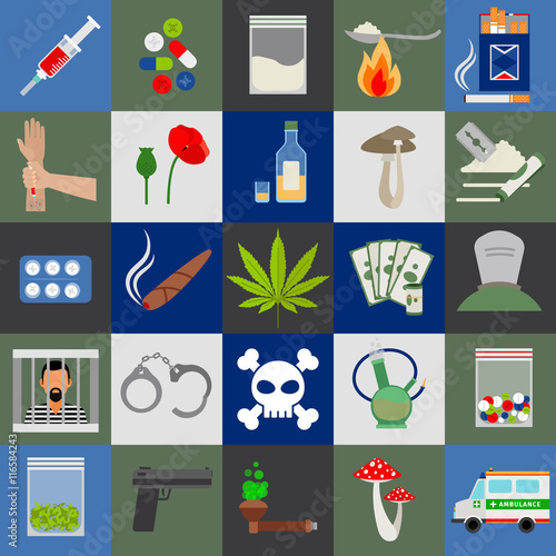 Alcohol, drugs and tabac colored flat vector icons
