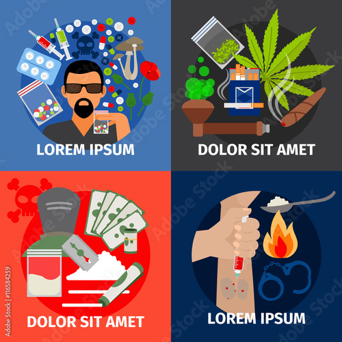 Drugs addiction vector concept. Drug injection and marijuana pipe, heroin addict and stop crime