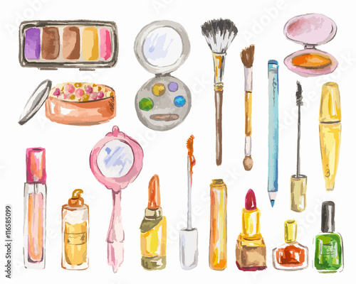 Watercolor cosmetics set on white background. Beauty products for woman. Glamour collection.