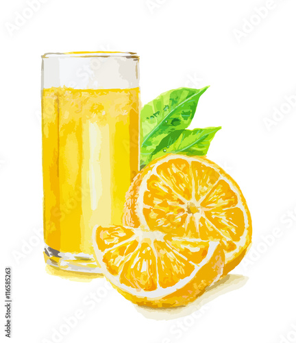 Watercolor glass of orange juice with slices of oranges. Fresh healthy vegetarian drink with vitamins.