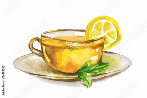 Naklejka na ścianę Filiżanka herbaty akwarela z plasterkiem cytryny i miętą. Naturalna herbata ziołowa. Angielska tradycja.