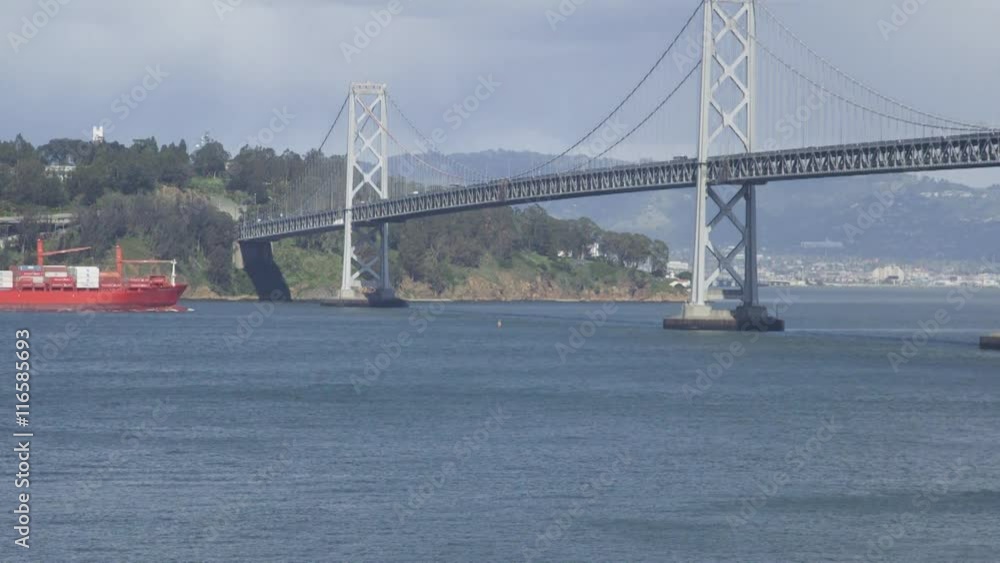 Red cargo ship in the waters of San Francisco Bay, California Red cargo ship in the waters of San Francisco Bay, California