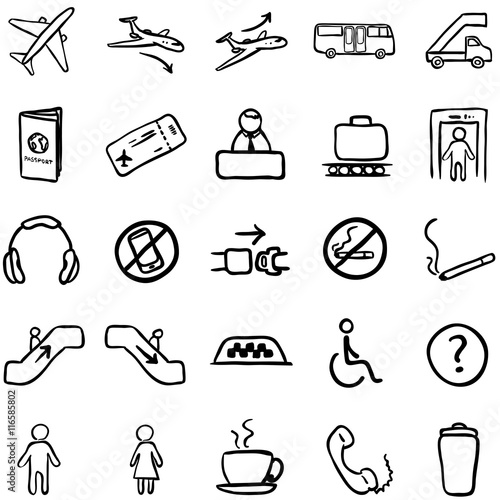 Vector Set of Black Doodle Airport Icons
