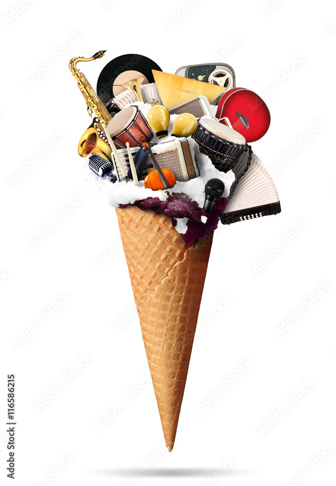 Fototapeta premium Music, musical instruments in a waffle cone
