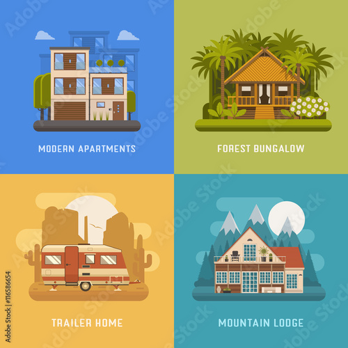 Different dwelling set. City modern apartments, tropic bungalow at jungle, mountain lodge at national park area and camping trailer at wilderness. Vector home poster collection. House booking and rent