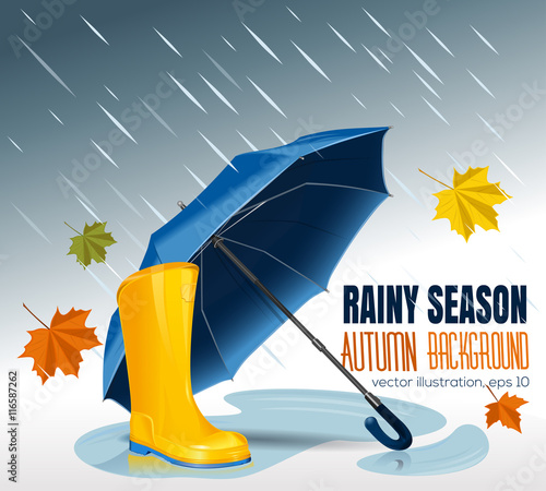 Blue Umbrella & yellow rubber boots. Rainy season. Vector autumn background