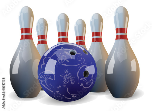 Realistic vector bowling ball and six pins
