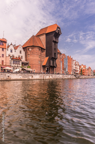 Medieval crane (Zuraw) in Gdansk, Poland, seen from the boat