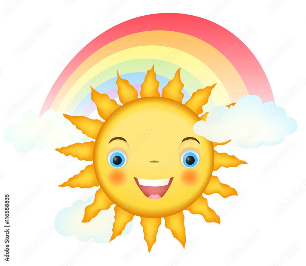 smiling cartoon sun character with rainbow and clouds on white