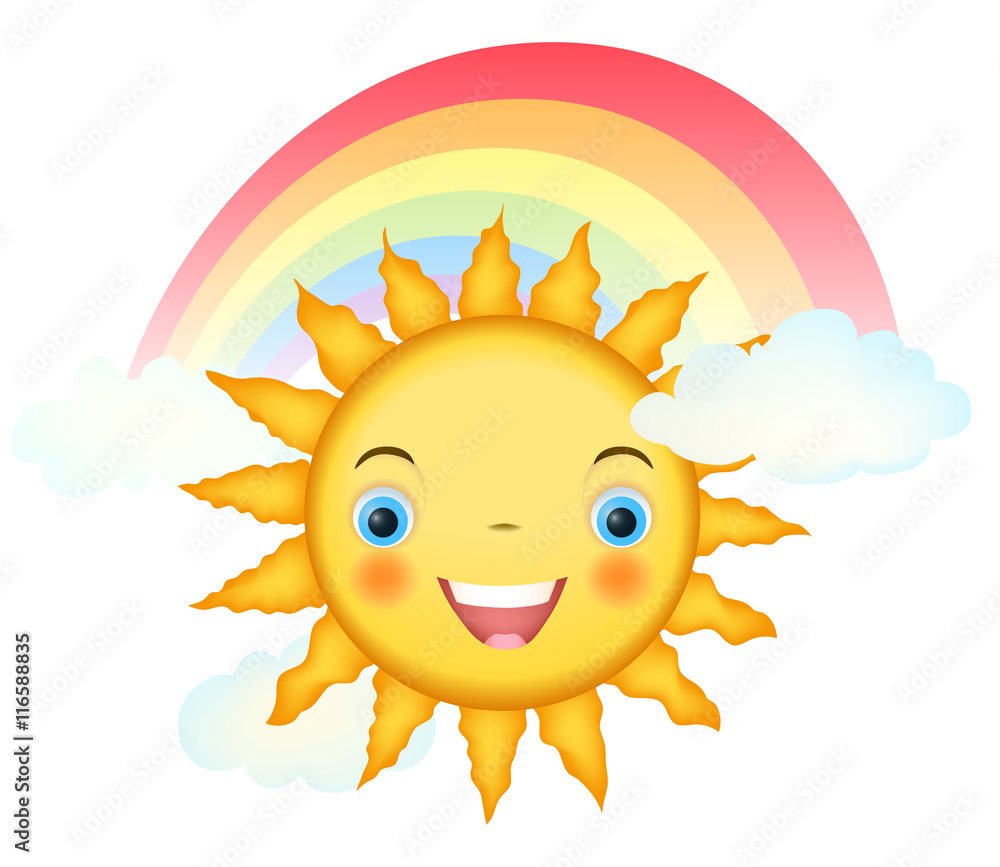 smiling cartoon sun character with rainbow and clouds on white smiling cartoon sun character with rainbow and clouds on white