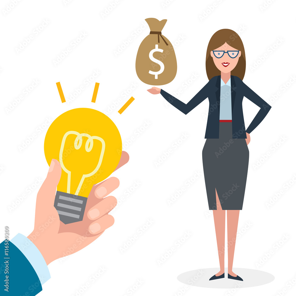 Handsome businesswoman has money bag. Selling new ideas, investing in new projects. Handsome businesswoman has money bag. Selling new ideas, investing in new projects.