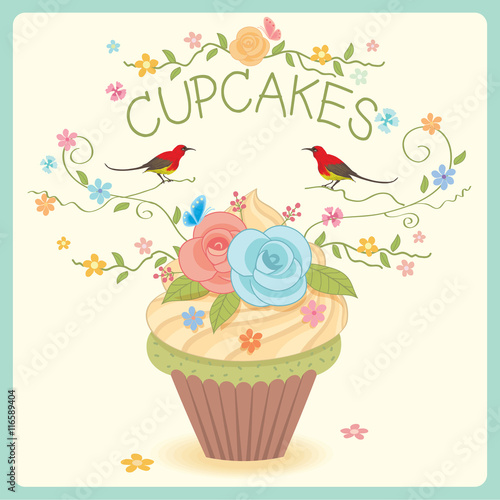 Sweet vector cupcake decoration with flowers and couple birds.