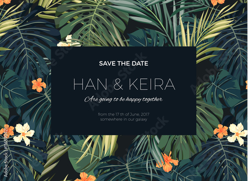 Wedding invitation or card design with exotic tropical flowers and leaves