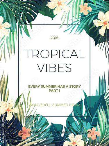 Bright hawaiian design with tropical plants and hibiscus flowers