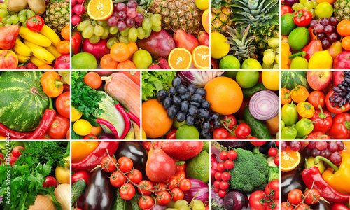 Collage of healthy foods. Fruits and vegetables. Background of useful products. Three photos for skinali.