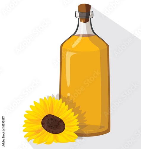 Glass bottle of sunflower oil with cork