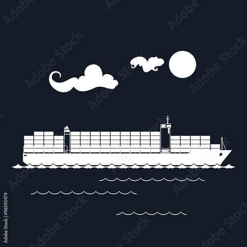 Cargo Container Ship Isolated on Black Background, Industrial Marine Vessel with Containers on Board, International Freight Transportation, Vector Illustration
