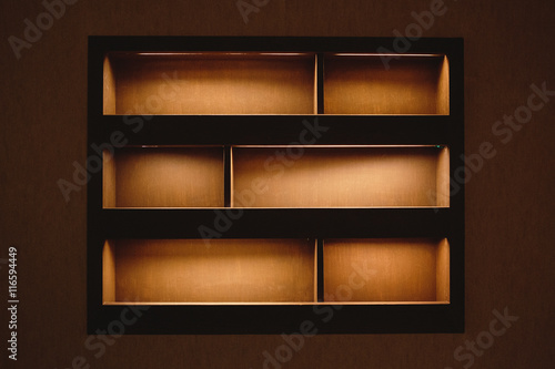 built-in shelves with light, dark space, decoration