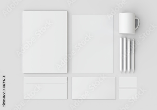 White stationery mock-up, template for branding identity on gray background.
For graphic designers presentations and portfolios. 3D rendering.