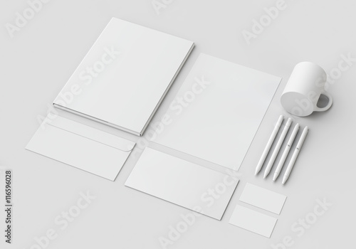 White stationery mock-up, template for branding identity on gray background.
For graphic designers presentations and portfolios. 3D rendering.