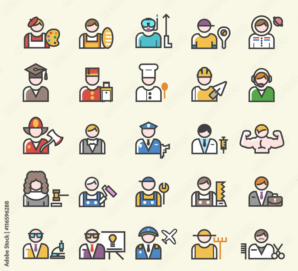 Set of 25 Minimal Solid Line Colored Professions Icons. Isolated Vector Elements.