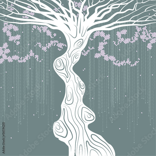 White tree with a curved trunk, pink petals and liana  on green-blue background.