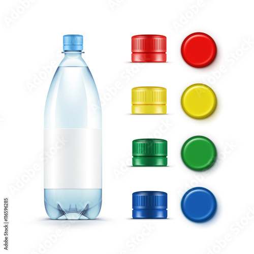 Vector Blank Plastic Blue Water Bottle with Set of Multicolored Red Yellow Green Caps Isolated on White Background