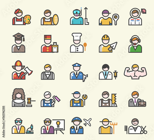 Set of 25 Minimal Solid Line Colored Professions Icons. Isolated Vector Elements.