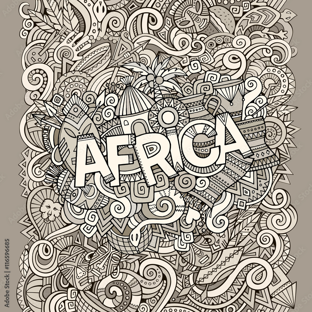 Obraz premium Cartoon cute doodles hand drawn african illustration.