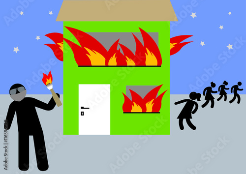 Brandanschlag verüben; Feuer legen; mit Fackel anzünden; Brandstiftung; brennendes Haus; vermummter Täter;  fliehende Menschen