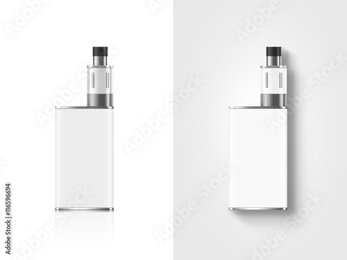 Blank white vape mod box mockup isolated, clipping path, stand and lies, top view. Clear smoking vapor mock up template. Modbox vaporizer device presentation. E-cigarette vaping gear design display.