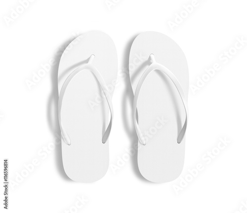 Pair of blank white beach slippers, design mockup, clipping path, 3d illustration. Home plain flops mock up template top view. Clear bath sandal display. Bed shoes accessory footwear. Rubber flipflops