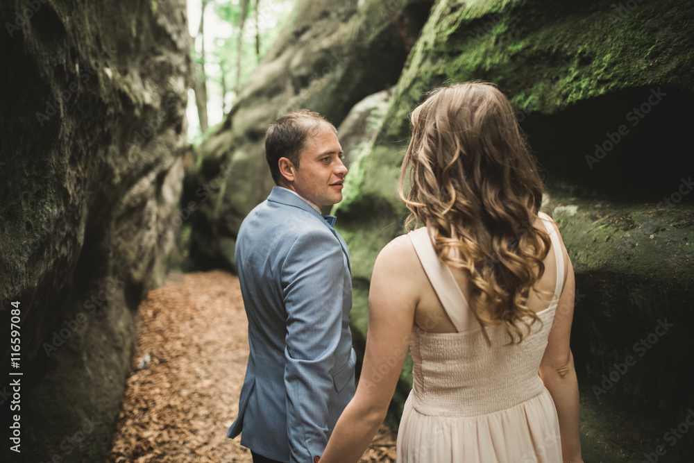 Gorgeous wedding couple kissing and hugging in forest with big rocks Gorgeous wedding couple kissing and hugging in forest with big rocks