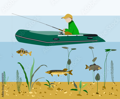 Fisherman fishing in a boat flat vector concept