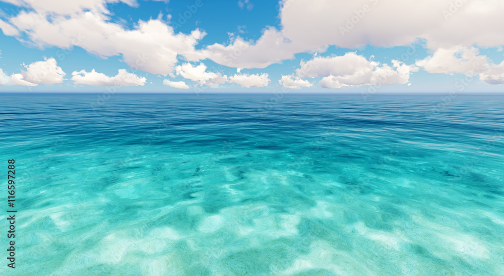 Tropical sea sky clouds blue 3D rendering