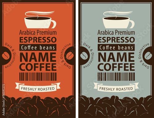 design label for coffee beans with cup in retro