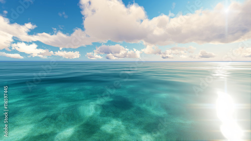 Tropical sea sky clouds blue 3D rendering