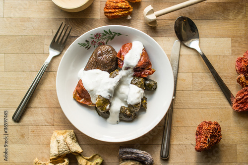 Turkish Dolma with yoghurt. photo