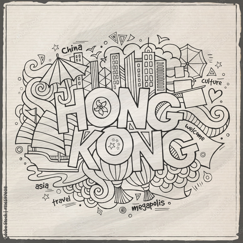Obraz premium Hong Kong hand lettering and doodles elements background