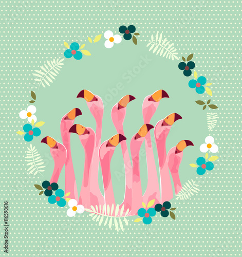 Flamingo with Tropical Flowers Background