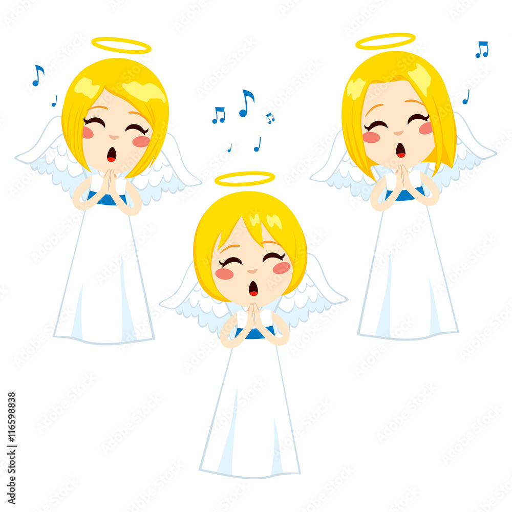 Three cute little blonde angels singing with long white tunics