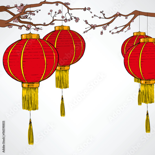 Traditional Chinese red lantern decoration elements for lunar new year celebration hanging from cherry tree