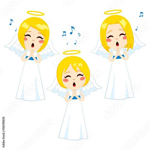 Three cute little blonde angels singing with long white tunics