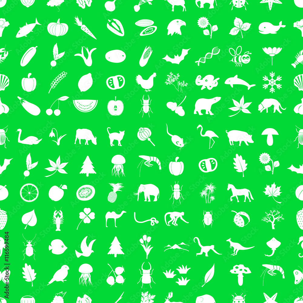 Obraz premium one hundred different nature theme icons set green and white seamless pattern eps10