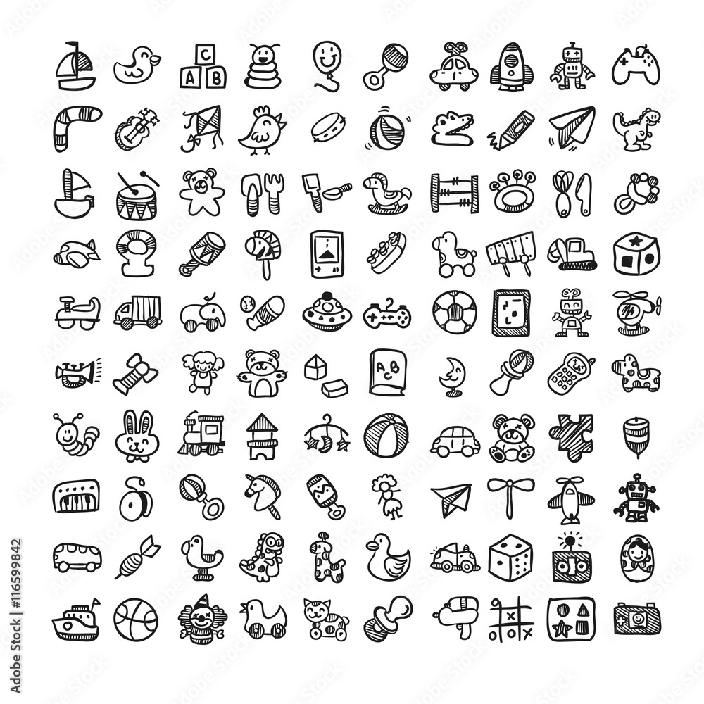 Doodle toys icons set Doodle toys icons set