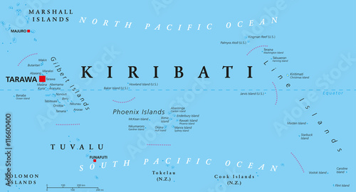 Kiribati political map with capital Tarawa. Republic and island nation in central Pacific Ocean. Archipelago with three main groups, Gilbert, Phoenix and Line Islands. English labeling. Illustration.