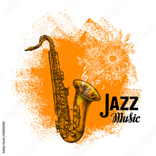 Jazz music. Classical saxophone with musical notes. Vector illustration