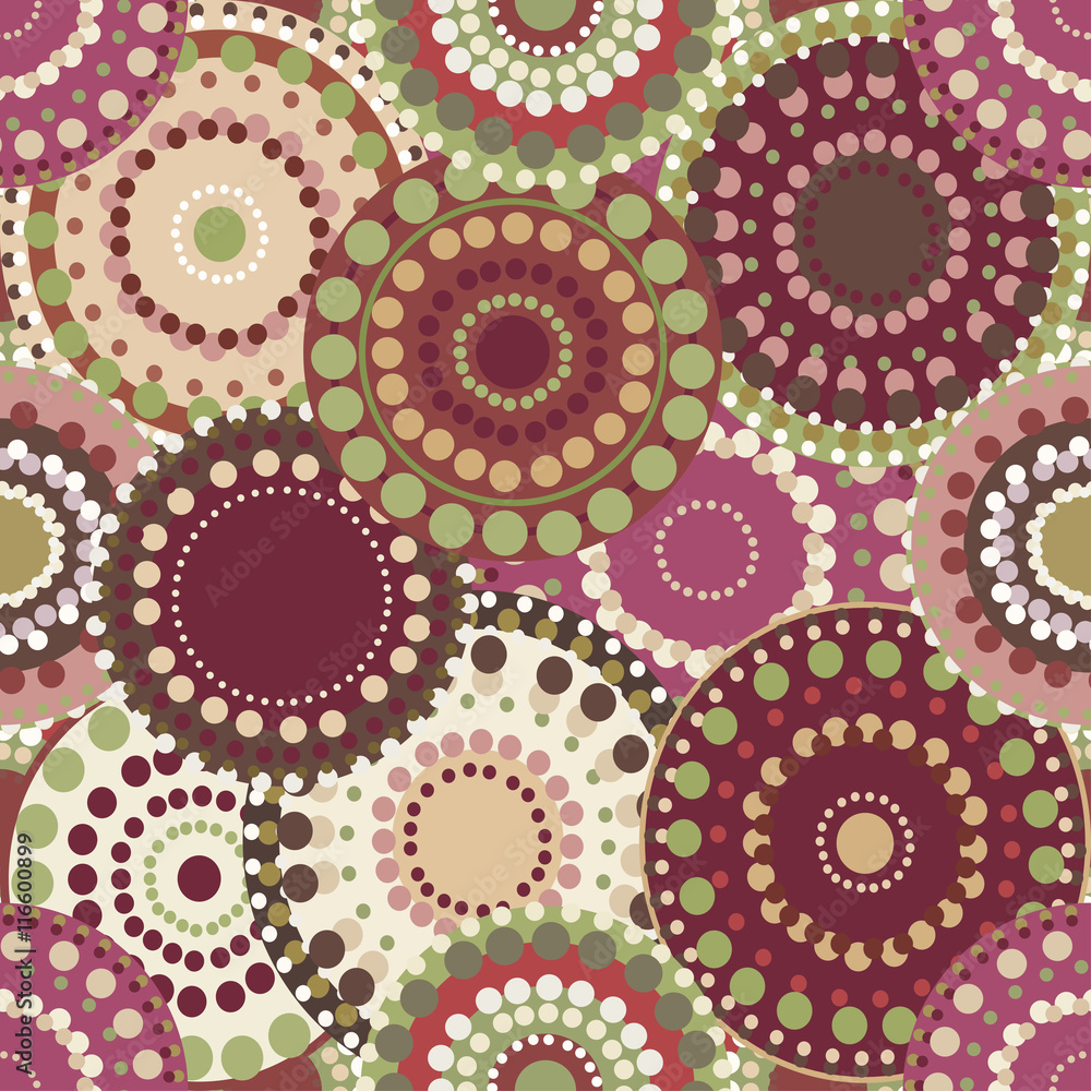 Seamless retro pattern with vintage bright colorful painted circ