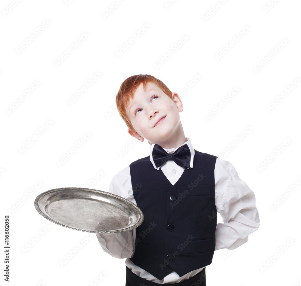 Little waiter thoughtful, dreaming with empty tray Little waiter thoughtful, dreaming with empty tray