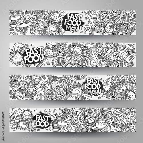Cartoon vector hand-drawn sketchy Doodle fast food banners design templates 